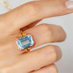 SOLD Women's Brand New Gold Ring with Orange Accents and Light Aqua Stone Size 8